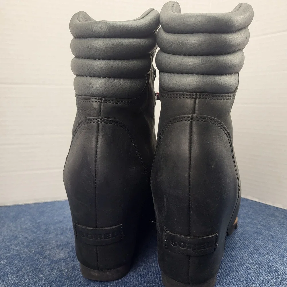 Sorel Boots Womens 8.5 Conquest Hidden Wedge Black Lace Up Hiker Alpine Lug Shoe